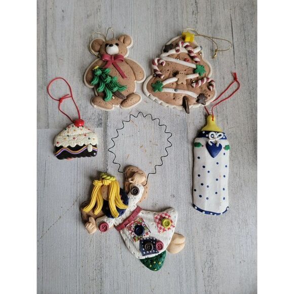 Vintage gingerbread cake Angel Baby Bottle teddy bear ornament unique set Xmas - Picture 1 of 8